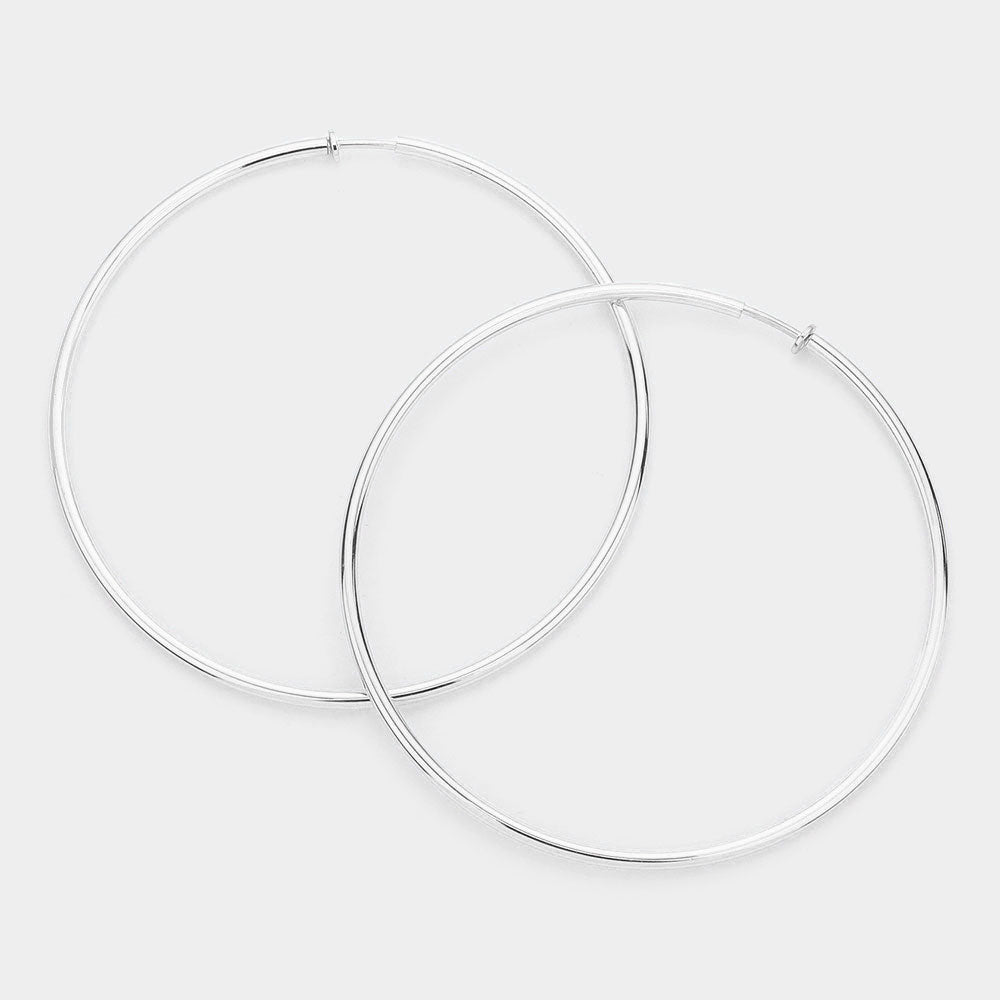 Extra Large Silver Metal Hoop Earrings | Clip On | 4″ | 432077