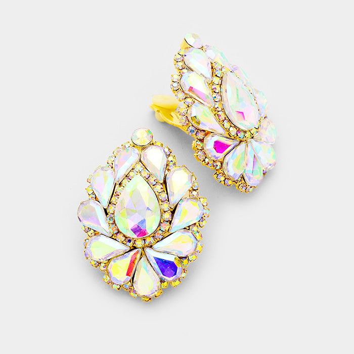 AB Crystal Cluster Teardrop Clip on Earrings on Gold | 391154