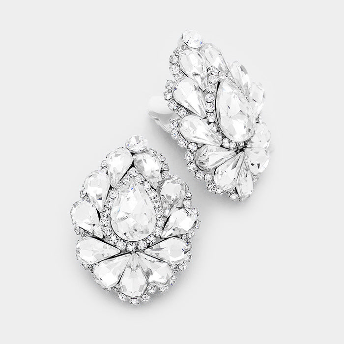 Clear Crystal Cluster Teardrop Clip on Earrings | 391153