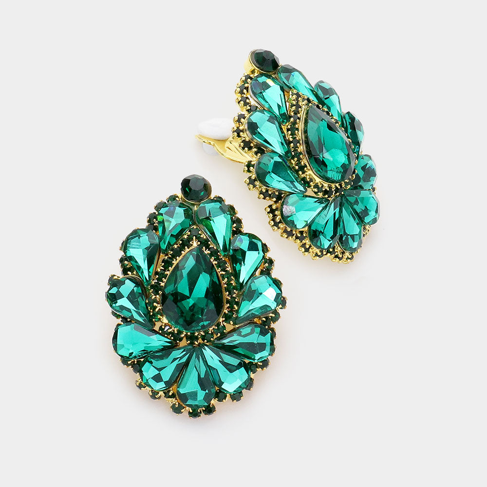 Emerald Crystal Cluster Teardrop Clip on Earrings | 507980