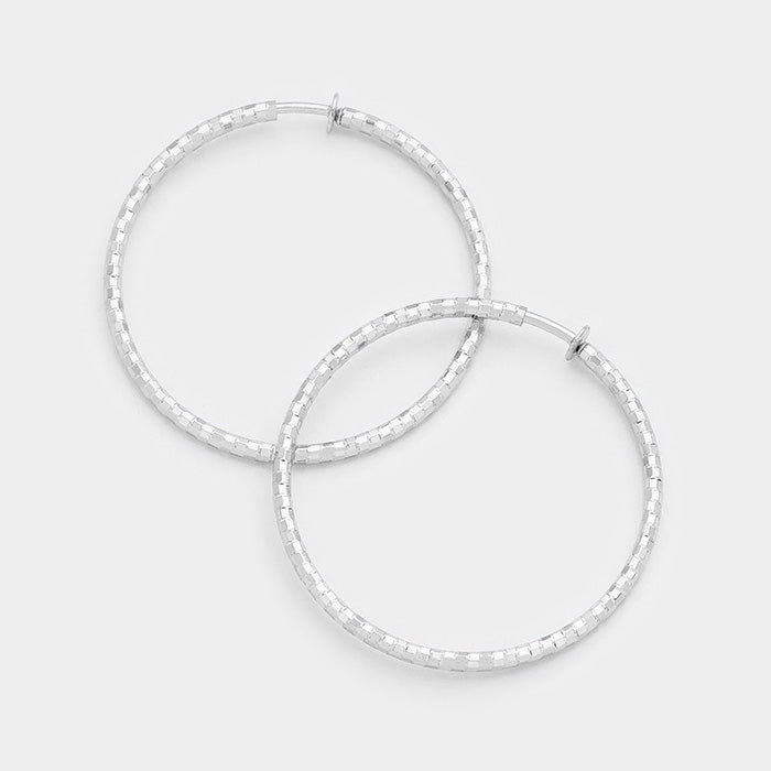 Textured Silver Metal Clip Hoop Earrings | 2.5″ | 255897