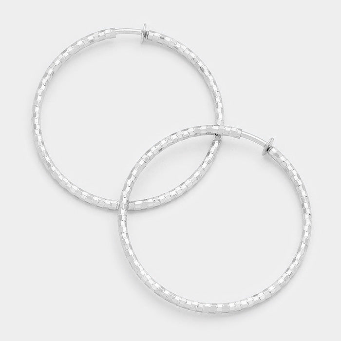 Hypoallergenic Textured Silver Metal Clip Hoop Earrings | 3.25″ | 255899