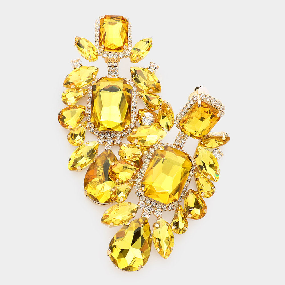 Large Yellow Multi Stone Embellished Clip On Pageant Earrings | Prom Earrings | 572309