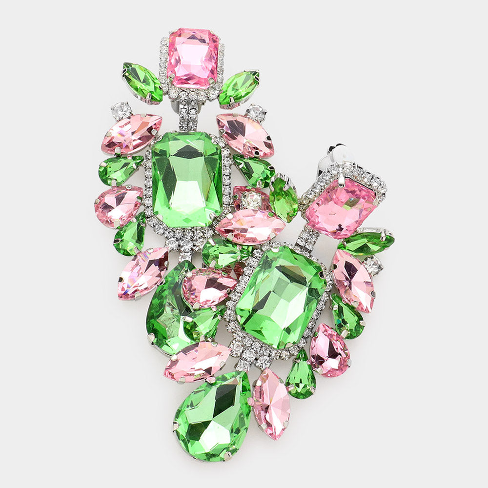 Large Pink & Green Multi Stone Embellished Clip On Pageant Earrings | Prom Earrings | 572303