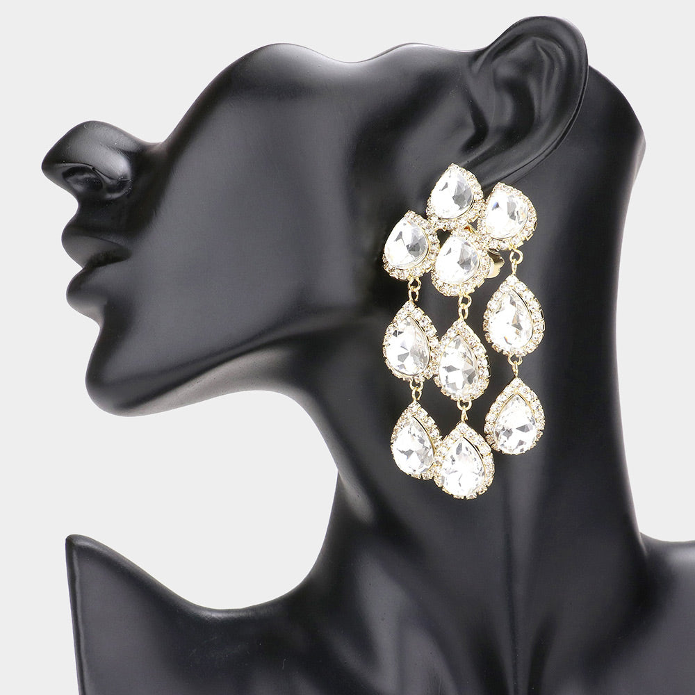 Clear Multi Teardrop Clip On Chandelier Earrings on Gold | Prom Jewelry | 583784