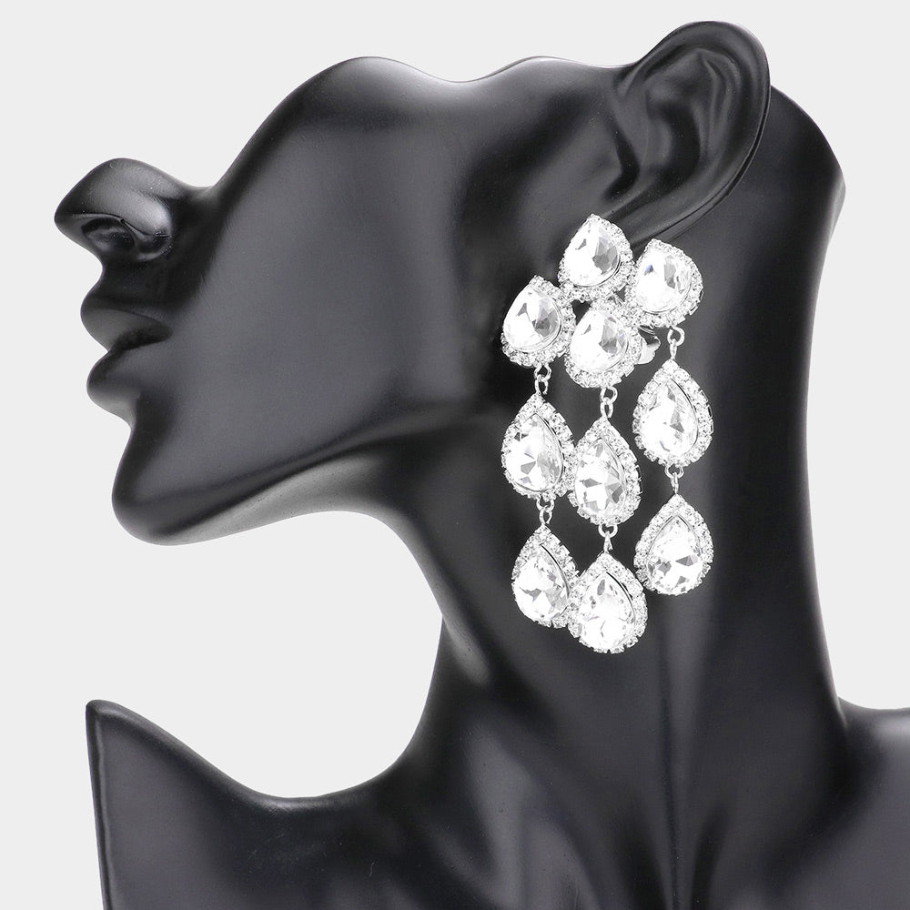 Clear Multi Teardrop Clip On Chandelier Earrings | Prom Jewelry | 583782