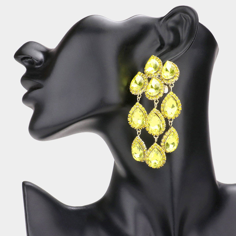 Yellow Multi Teardrop Clip On Chandelier Earrings | Prom Jewelry | 583785