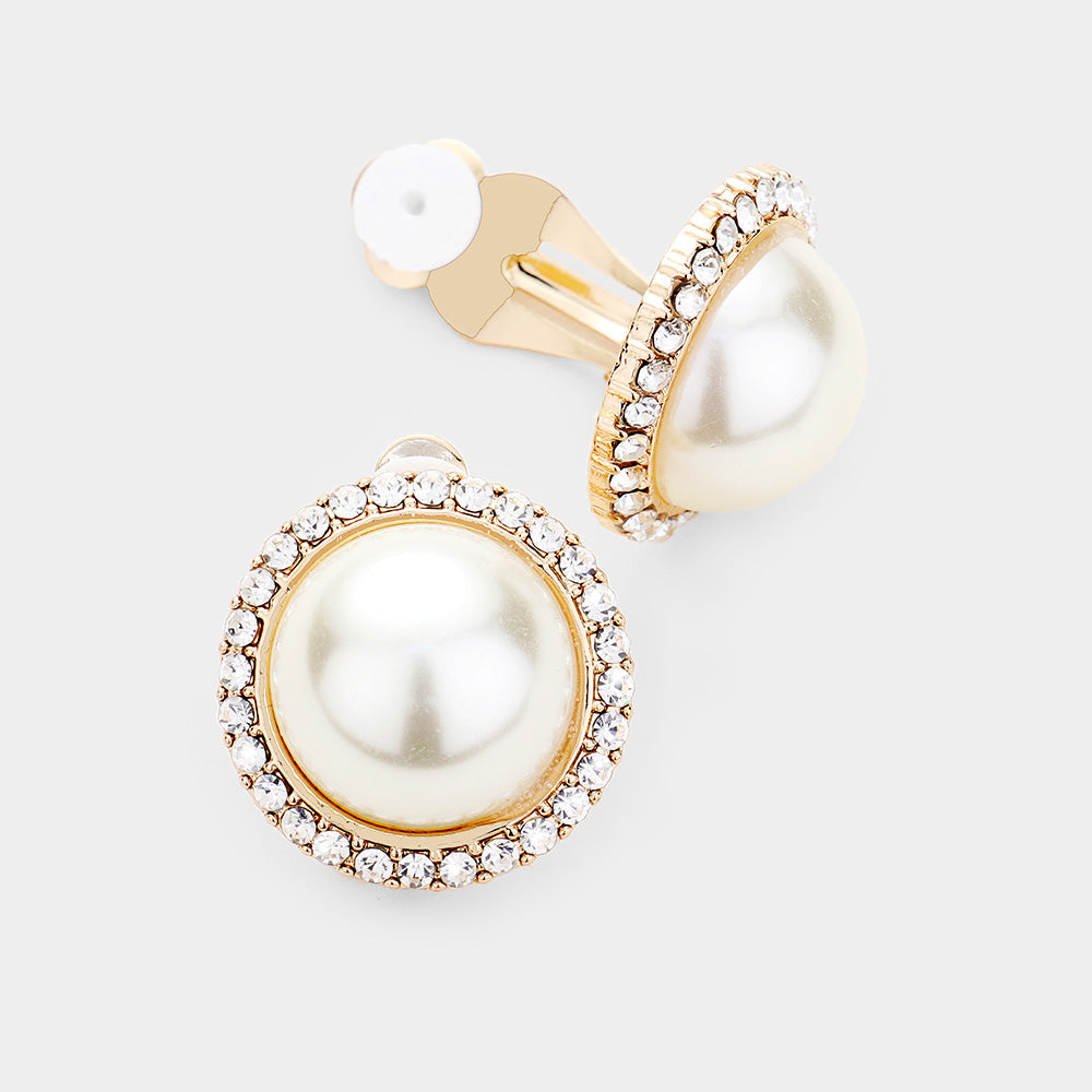 Cream Pearl Centered Rhinestone Trim Clip On Earrings on Gold | Bridal Jewelry | 432628