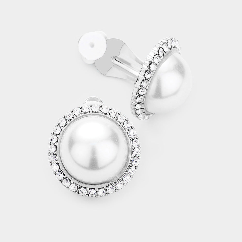 White Pearl Centered Rhinestone Trim Clip On Earrings | Bridal Jewelry | 432629