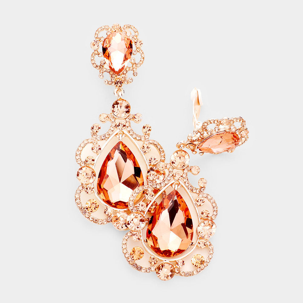 Elegant Peach Crystal Chandelier Clip On Pageant Prom Earrings | 443118