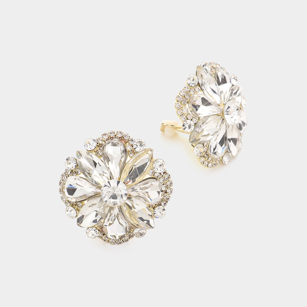 Clear Multi Stone Clip On Stud Interview Earrings on Gold | Pageant Earrings | 588564