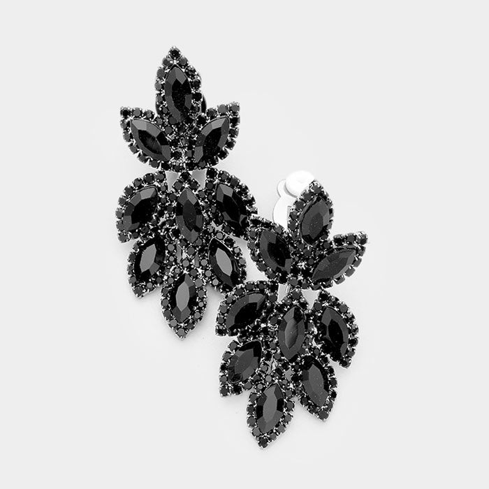 Black Crystal Rhinestone Oval Cluster Clip On Earrings on Gold | 412807