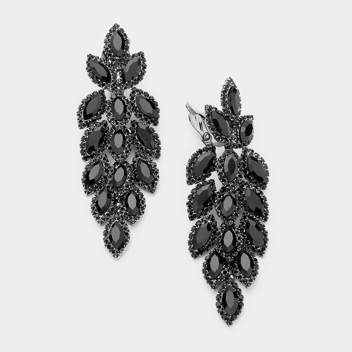 Large Black Crystal Leaf Clip On Earrings | 384200