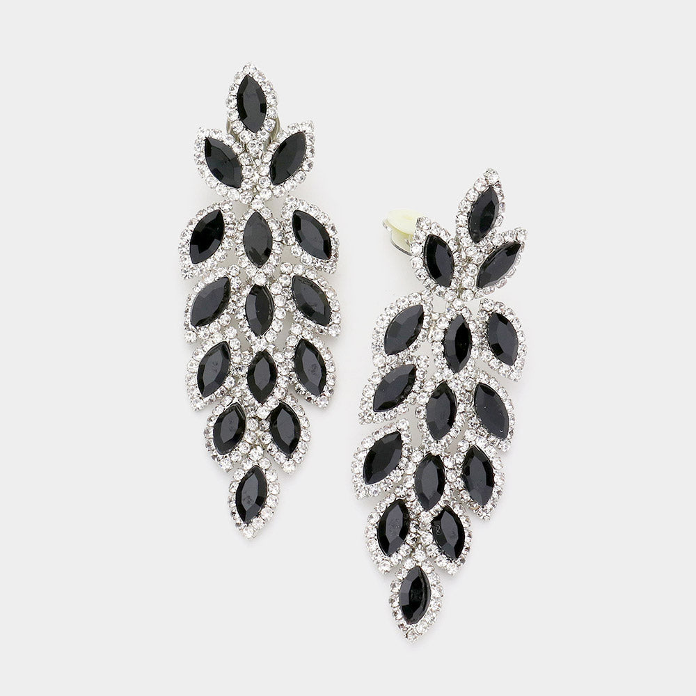 Large Black Crystal Leaf Clip On Earrings | 526881