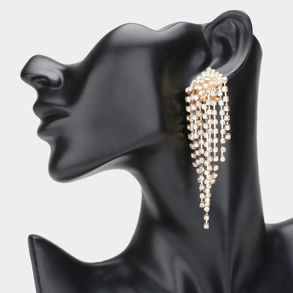 Clear Rhinestone Waterfall Fringe Pageant Clip On Earrings on Gold | Clip On Prom Earrings | 422684