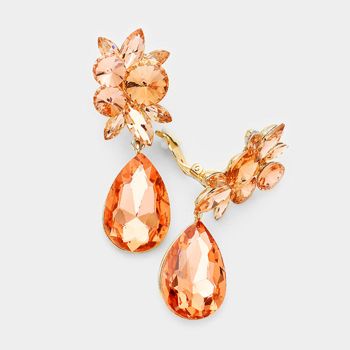 Floral Peach Teardrop Earrings | Clip On | 289664