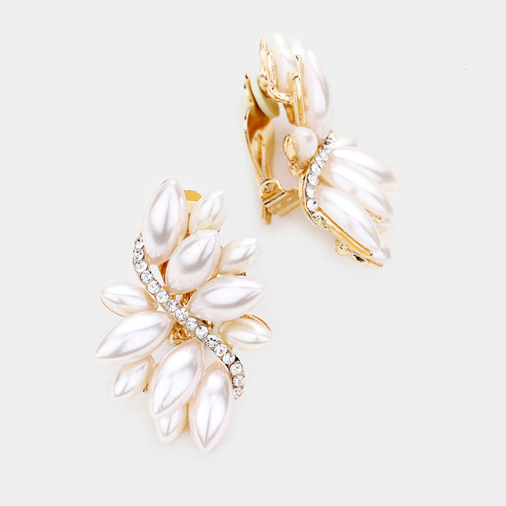 Cream Pearl and Rhinestone Earrings on Gold | Clip On | 489783