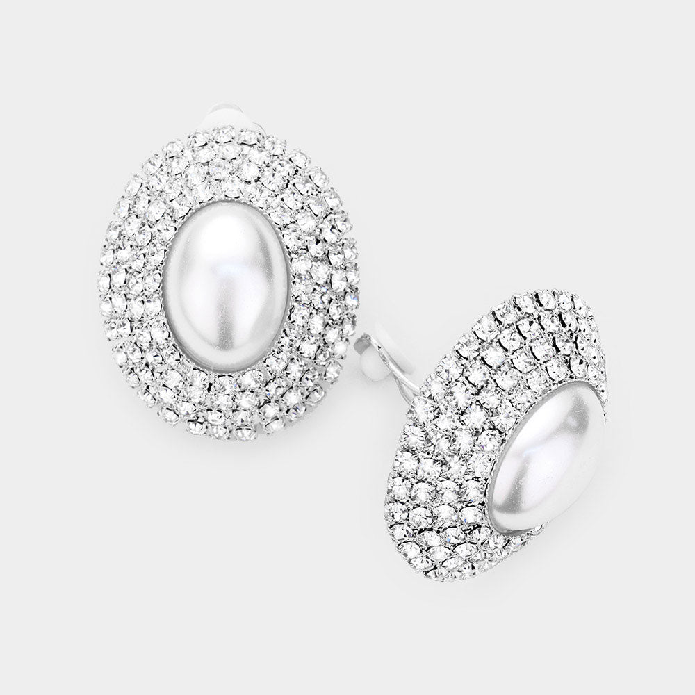 White Pearl and Rhinestone Dome Clip On Stud Earrings | 294469