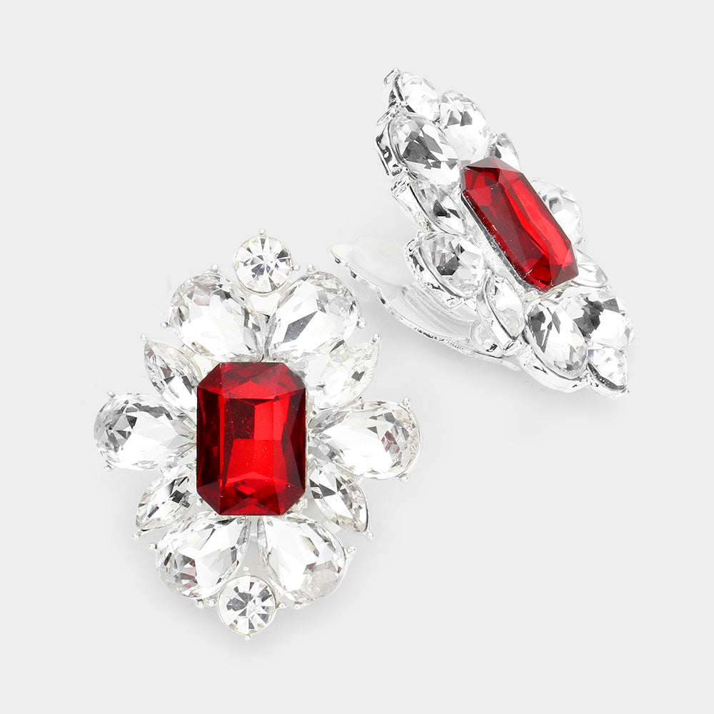 Red Multi Stone Clip On Pageant Earrings | Clip On Interview Earrings | 512698