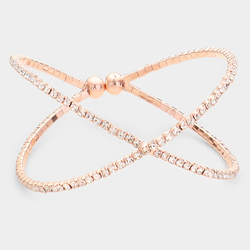 Criss Cross Clear Rhinestone Cuff Bracelet on Rose Gold | 464777