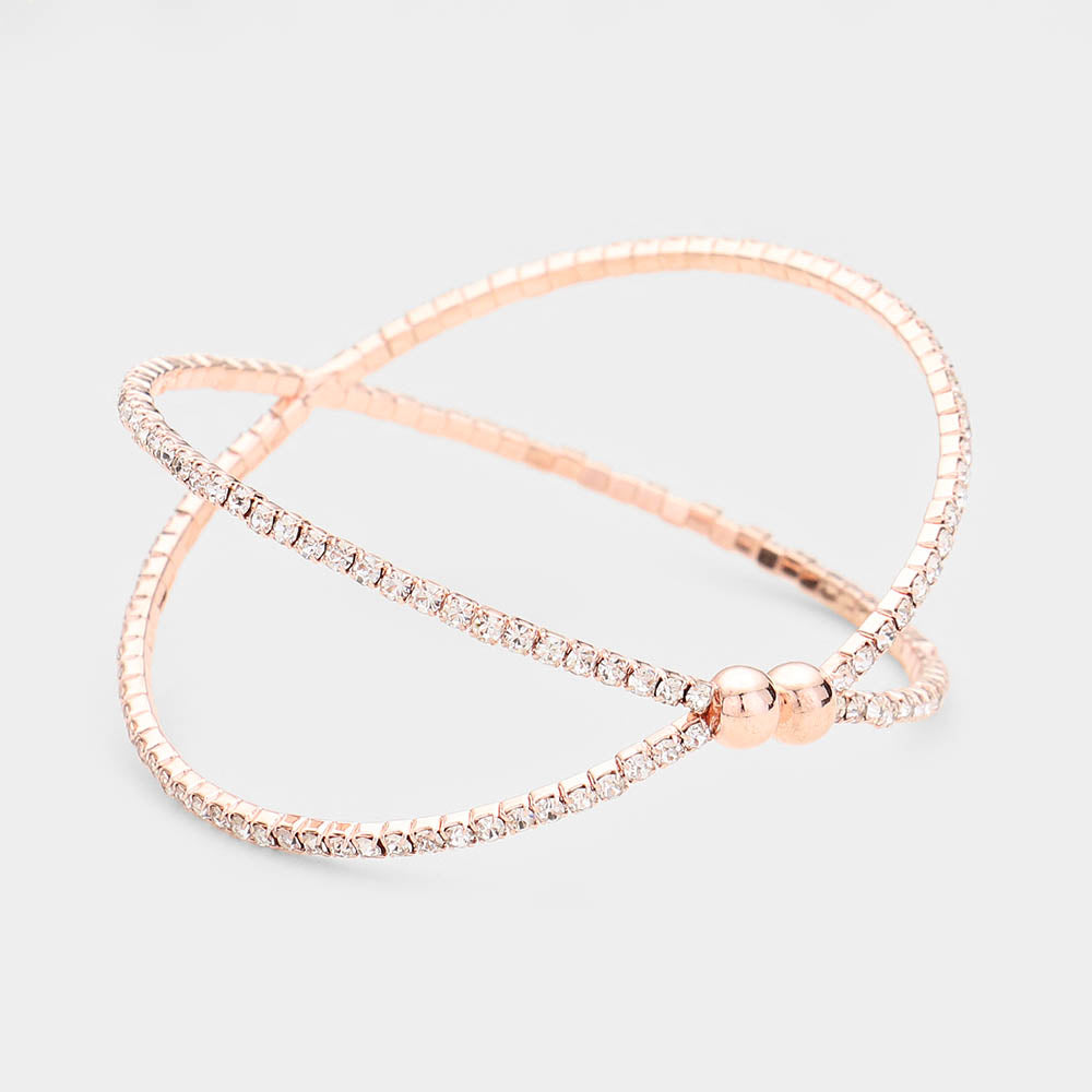 Criss Cross Clear Rhinestone Cuff Bracelet on Rose Gold | 464777