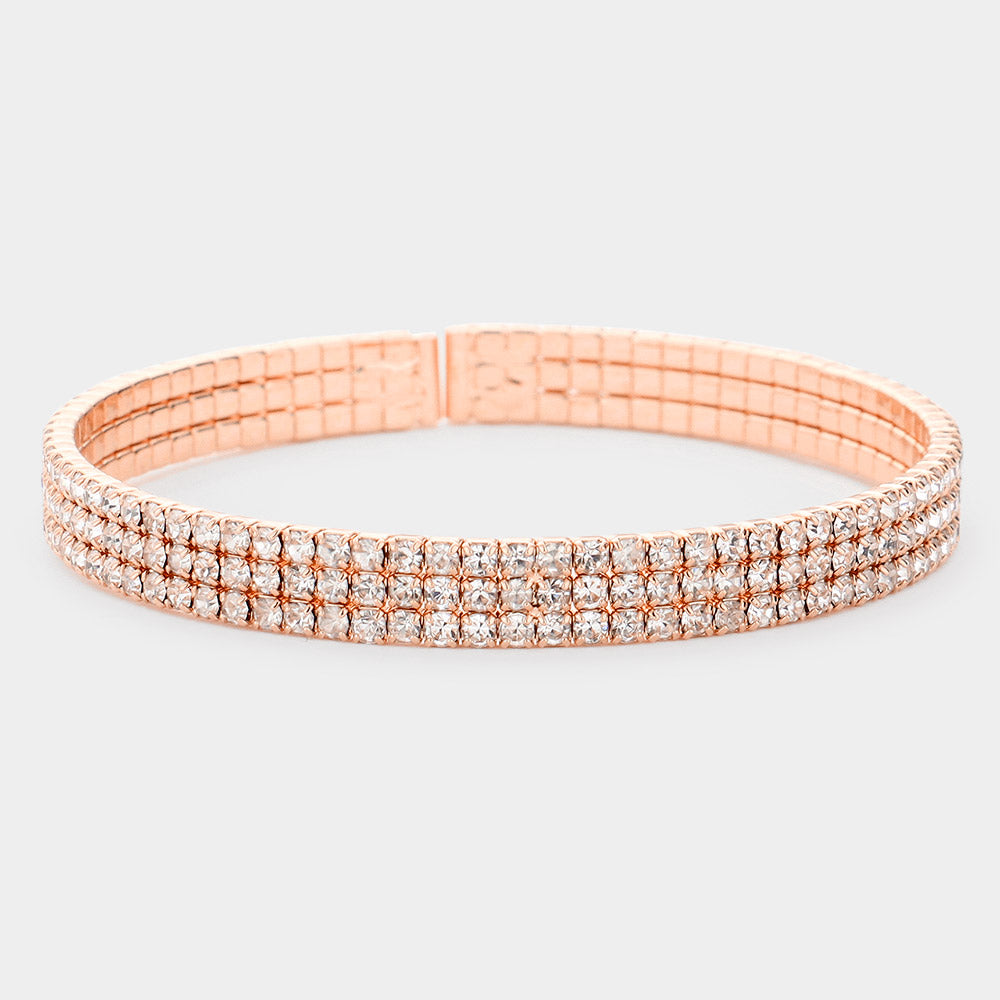 3 Row Rhinestone Cuff Bracelet on Rose Gold | Pageant Jewelry | 533497