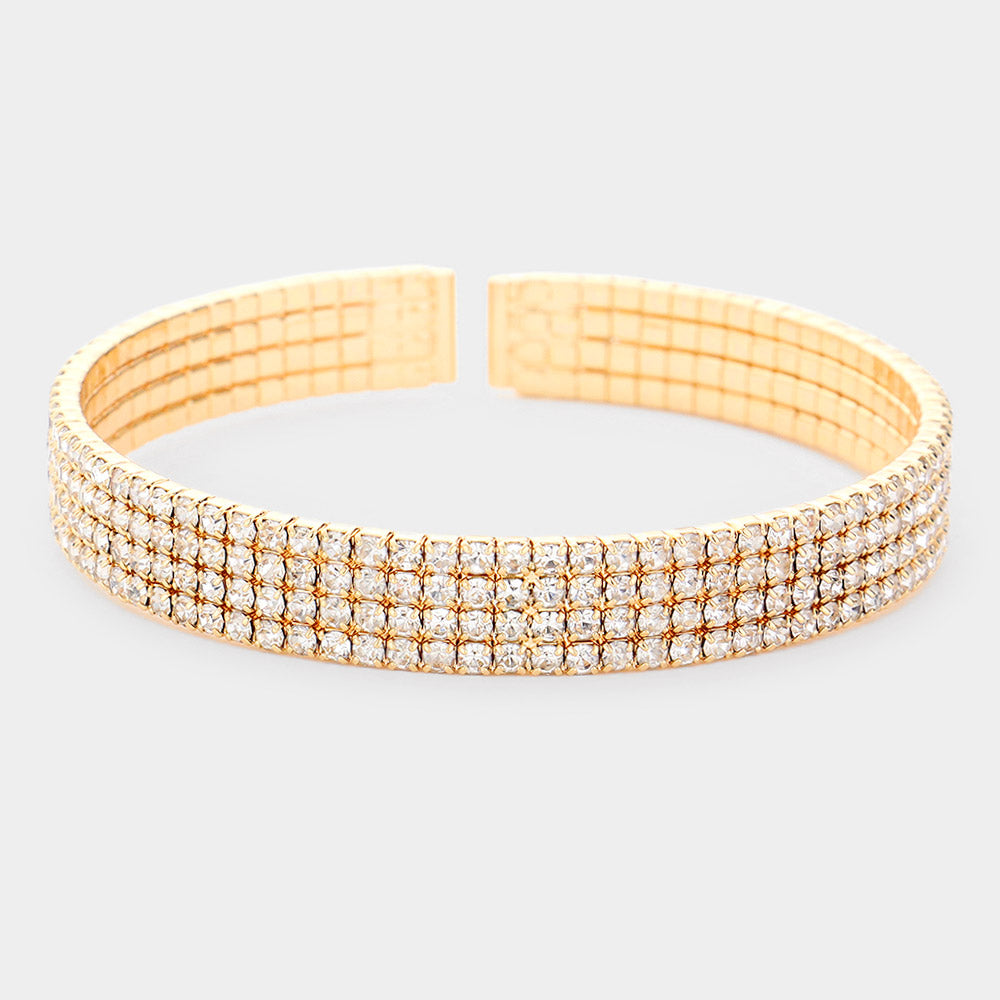 4 Row Rhinestone Cuff Bracelet on Gold | Pageant Jewelry | 533537