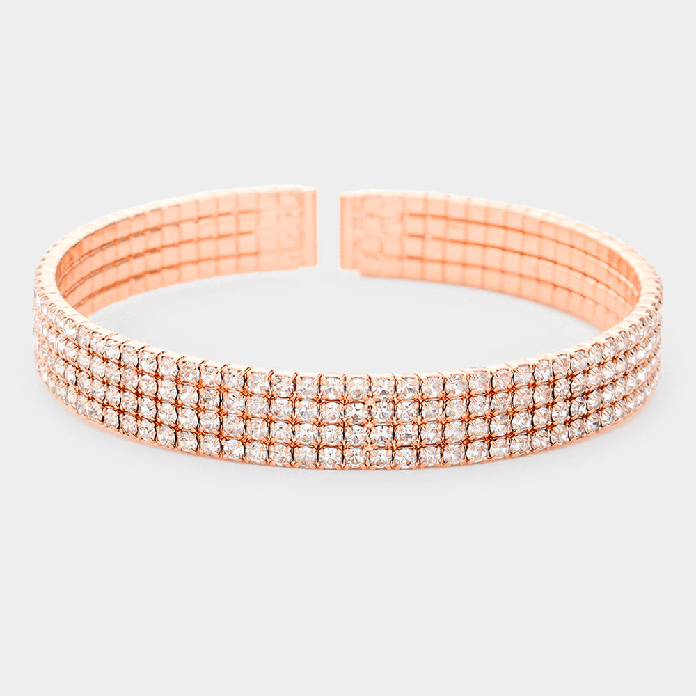 4 Row Rhinestone Cuff Bracelet on Rose Gold | Pageant Jewelry | 533538