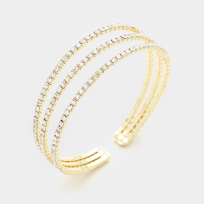 Three Row Clear Crystal Rhinestone Cuff Bracelet on Gold | 334204