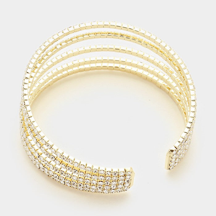 Five Row Clear Crystal Rhinestone Cuff Bracelet on Gold | 334202