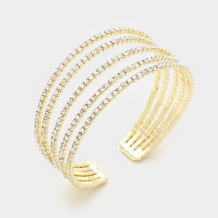 Five Row Clear Crystal Rhinestone Cuff Bracelet on Gold | 334202