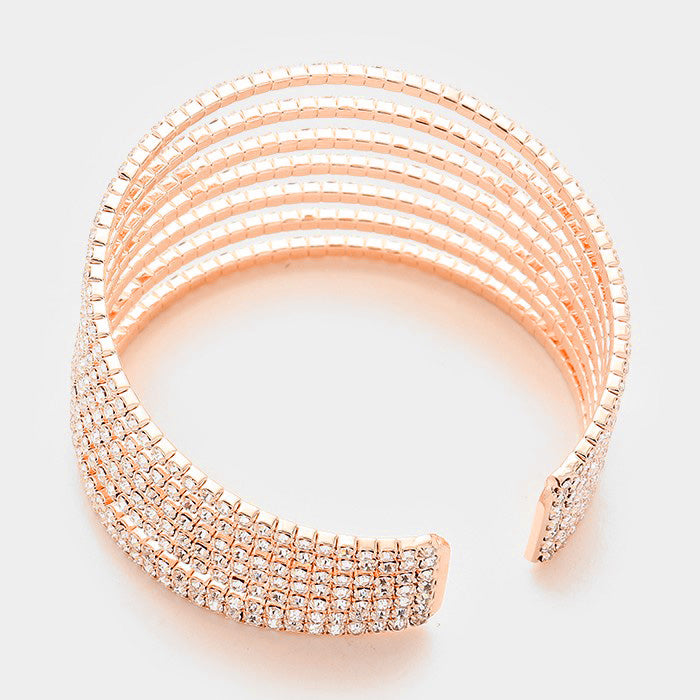 Seven Row Clear Crystal Rhinestone Cuff Bracelet on Rose Gold | 371193