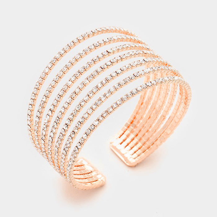 Seven Row Clear Crystal Rhinestone Cuff Bracelet on Rose Gold | 371193