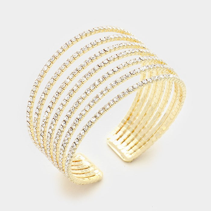 Seven Row Clear Crystal Rhinestone Cuff Bracelet on Gold | 334200