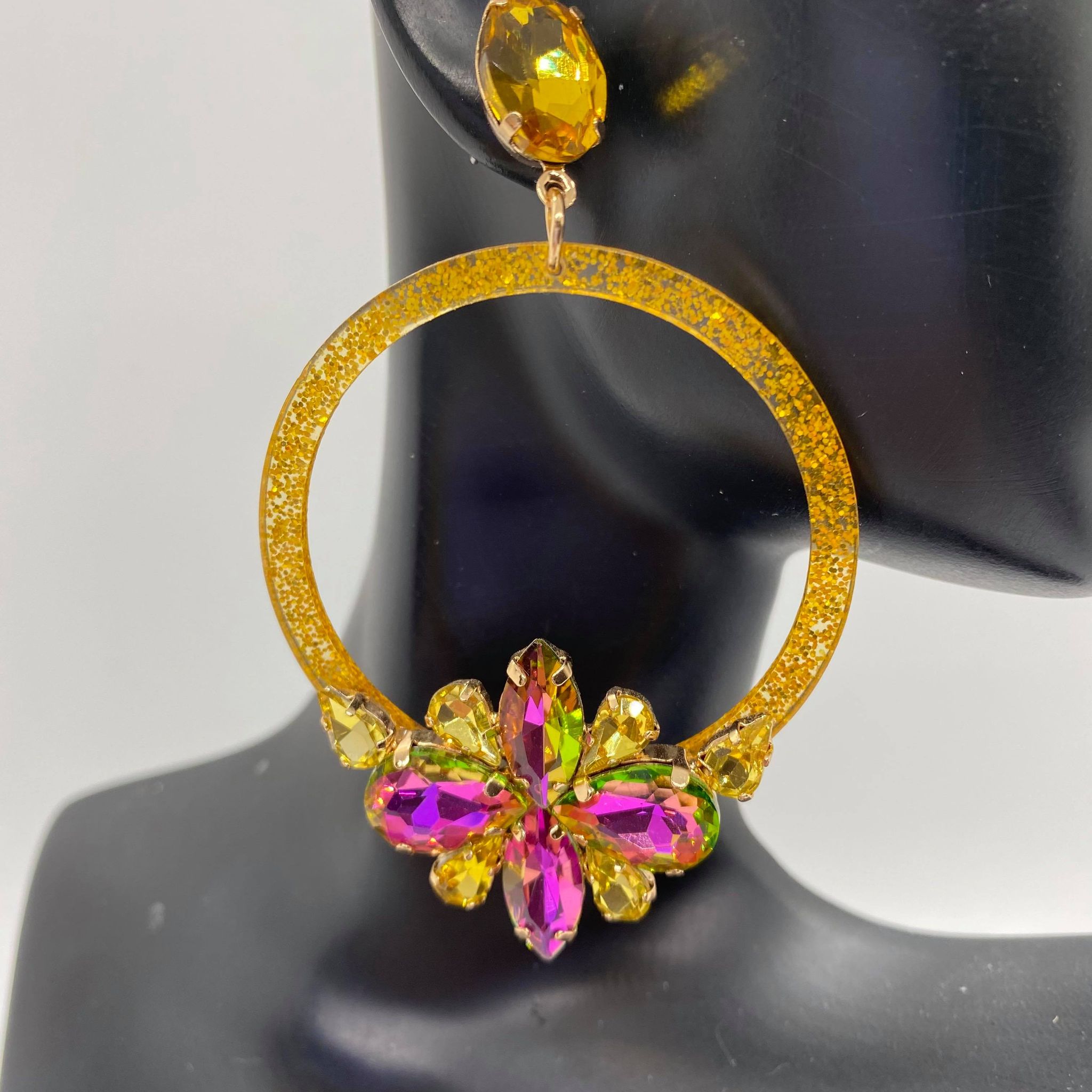 Fuchsia and Gold Crystal Flower Hoop Earrings | 2″ | CJB006