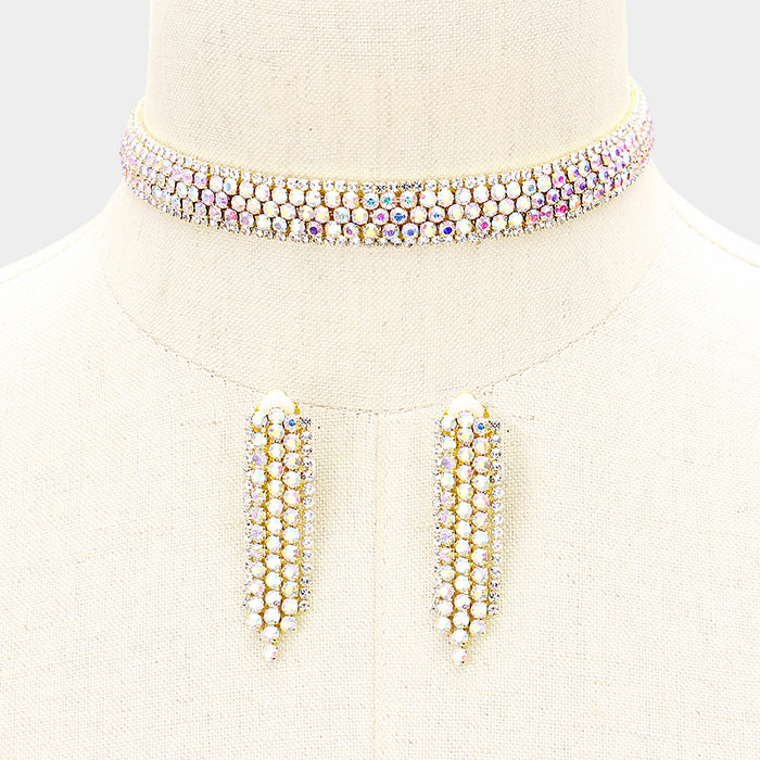 AB Crystal Rhinestone Choker with Matching Clip on Earrings on Gold | Prom Jewelry | 401592