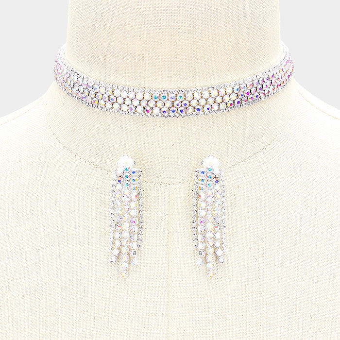 AB Crystal Rhinestone Choker with Matching Clip on Earrings | Prom Jewelry | 401594