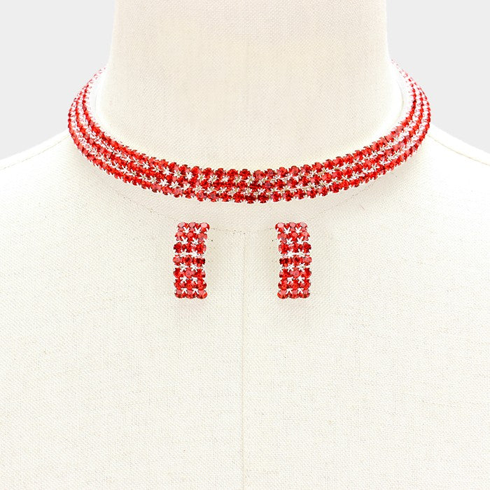 Three Row Red Crystal Choker and Earrings | 171372