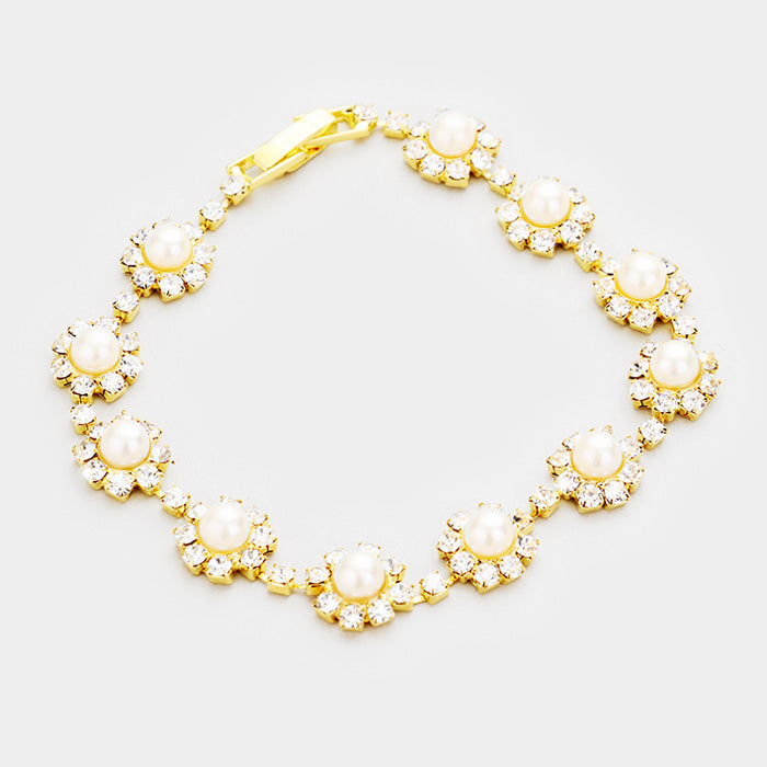 Cream Round Pearl & Crystal Rhinestone Rosette Evening Bracelet | 278609