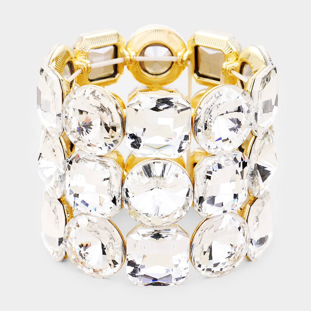 Three Row Clear Crystal Round Stretch Bracelet on Gold | 432220