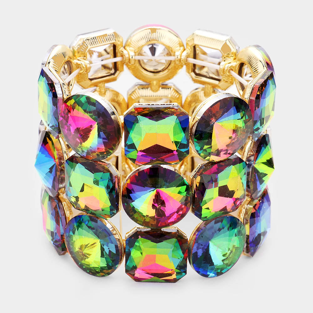 Three Row Multi-Color Crystal Round Stretch Bracelet on Gold | 436855