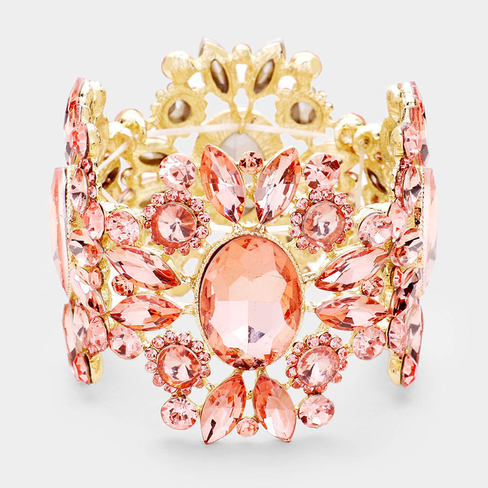 Wide Peach Crystal Rhinestone Stretch Bracelet | 438478