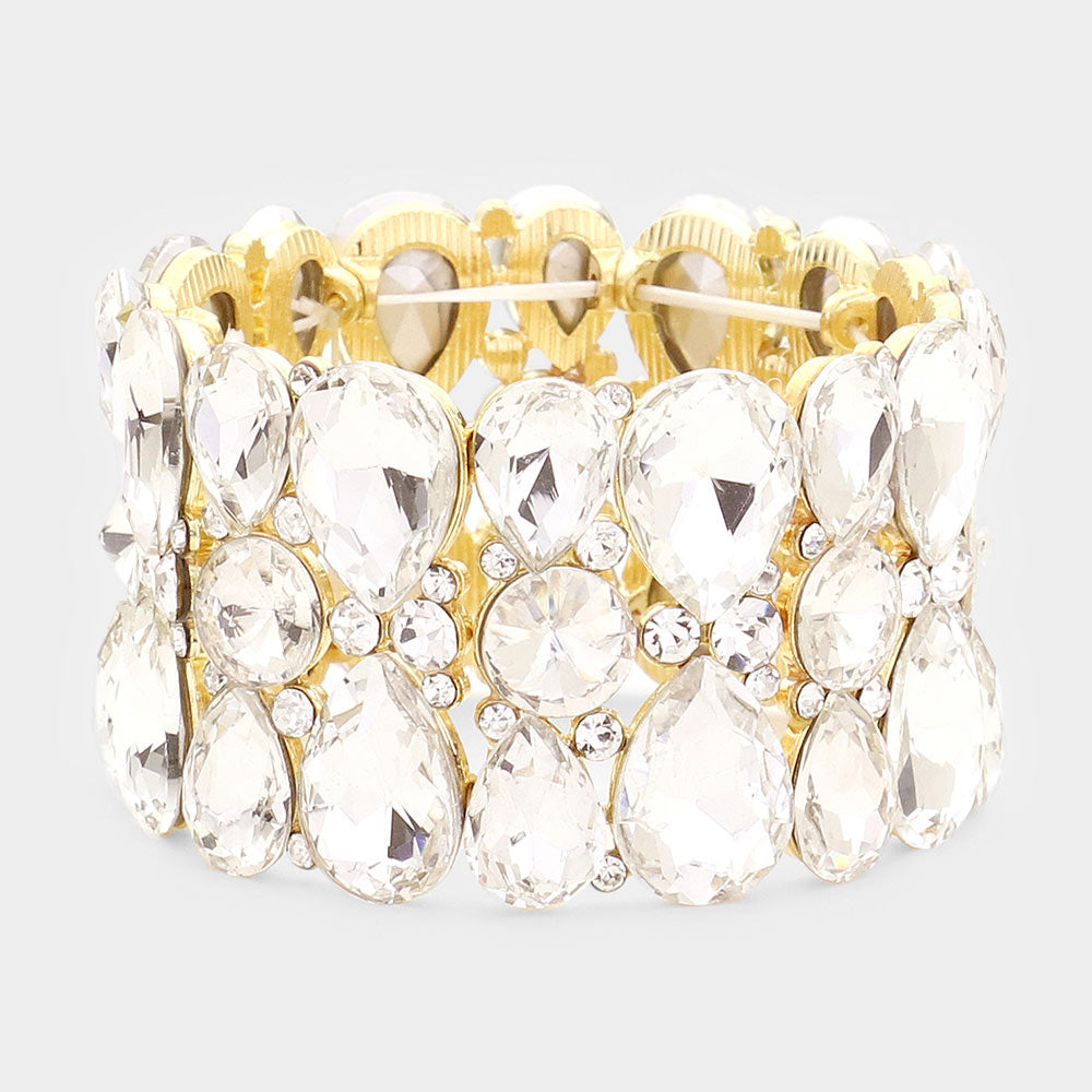 Teardrop and Round Clear Crystal Stretch Bracelet on Gold | 464241