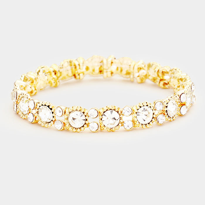 Thin Round Clear Crystal Pageant Bracelet on Gold | Prom Bracelet | 415556