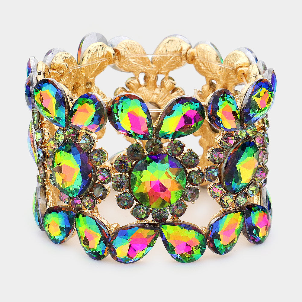 Wide Multi-Color Crystal Multi Shaped Stone Stretch Pageant Bracelet | Evening Bracelet | 540812