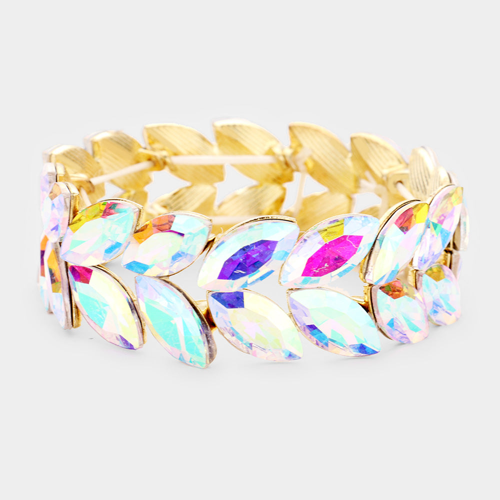 AB Crystal Marquise Shaped Stone Stretch Bracelet on Gold | 432247