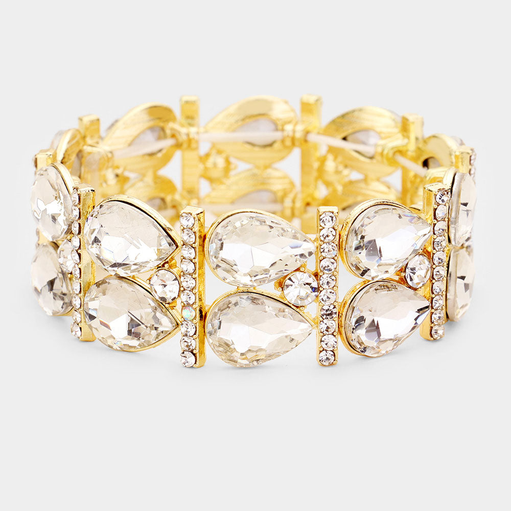 Clear Crystal Teardrop Stretch Pageant Bracelet on Gold | 429347