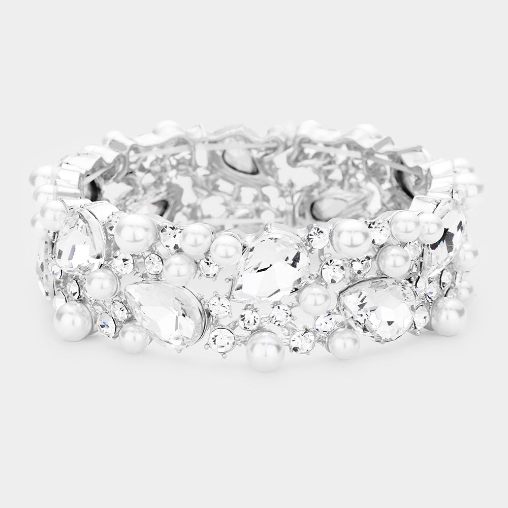 Clear Crystal Teardrop and Pearl Stretch Bracelet | 426854