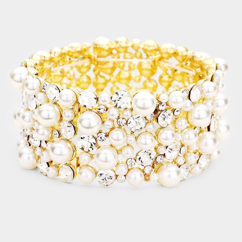 Pearl and Clear Rhinestone Bridal Stretch Bracelet on Gold | 442491