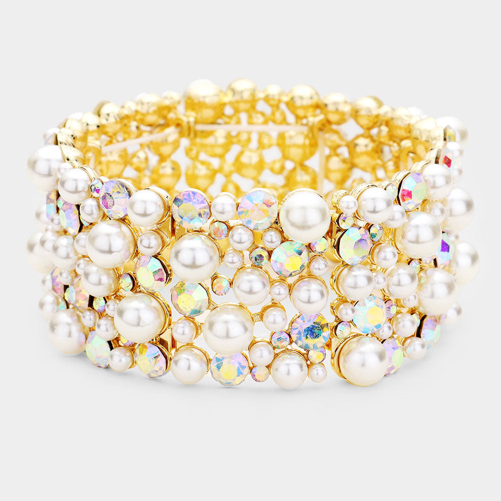 Pearl and AB Rhinestone Bridal Stretch Bracelet on Gold | 442492